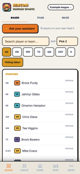 The draft board: players ranked for your seat, with your starters filling in as you pick